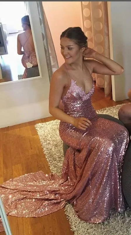 Elegant Elegant Beautiful Gorgeous Rose Gold Spaghetti Straps V-neck Mermaid Sequins Sweep Train Prom Dress