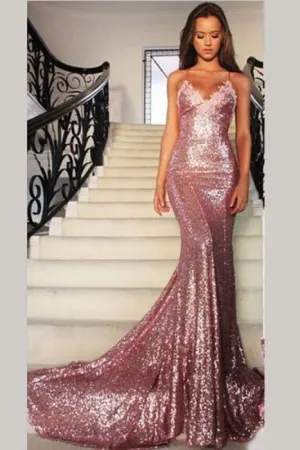 Elegant Elegant Beautiful Gorgeous Rose Gold Spaghetti Straps V-neck Mermaid Sequins Sweep Train Prom Dress