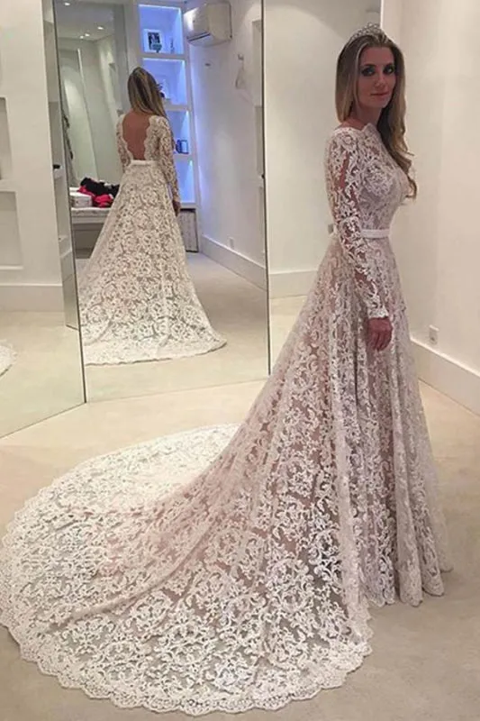 Elegant Ivory A-line Bateau Lace Long Sleeve Backless Wedding Dress