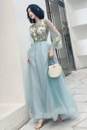 Elegant Long Sleeves Appliqued Tulle Prom Floor Length Appliques Evening Dress