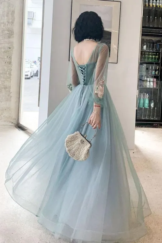Elegant Long Sleeves Appliqued Tulle Prom Floor Length Appliques Evening Dress