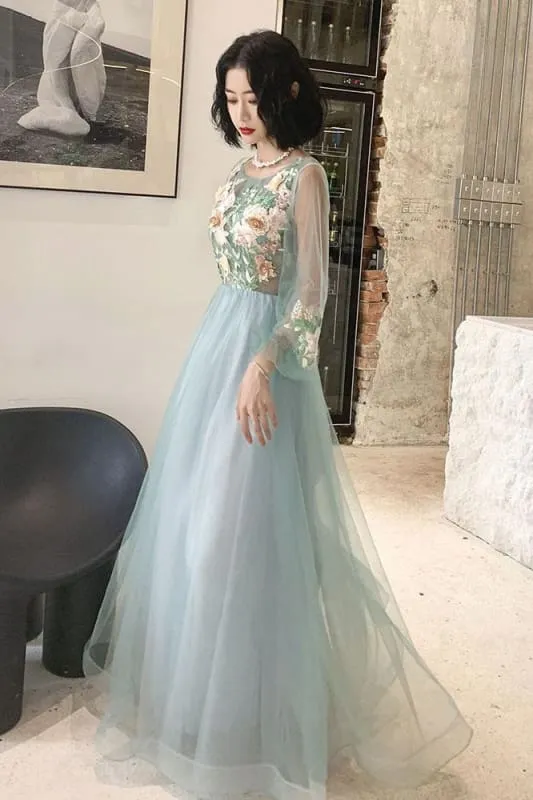 Elegant Long Sleeves Appliqued Tulle Prom Floor Length Appliques Evening Dress
