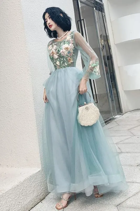 Elegant Long Sleeves Appliqued Tulle Prom Floor Length Appliques Evening Dress