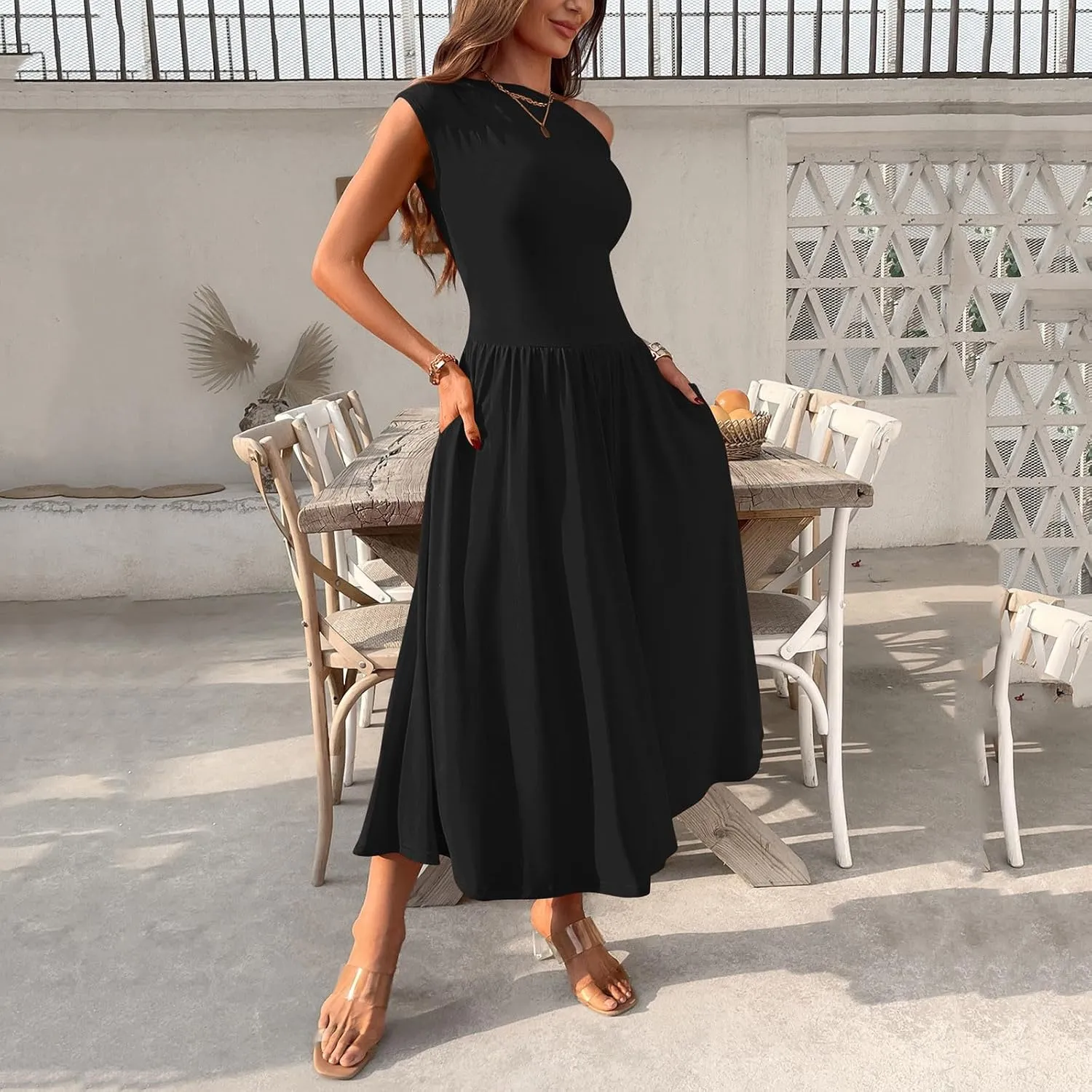Elegant One Shoulder A-Line Dress for Women Summer Slim High Waist Pleated Midi Dresses Casual Beach Vacation Dress