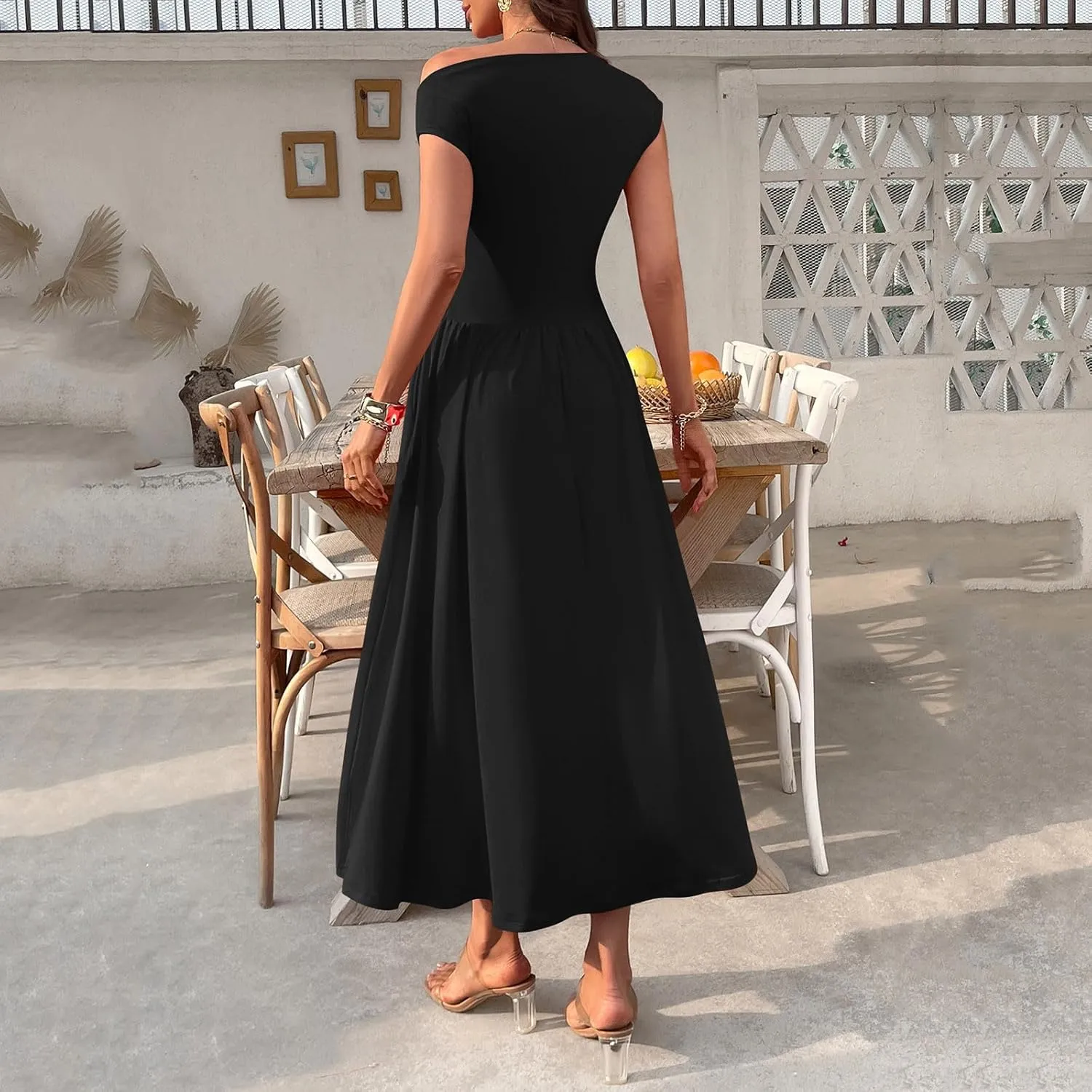 Elegant One Shoulder A-Line Dress for Women Summer Slim High Waist Pleated Midi Dresses Casual Beach Vacation Dress