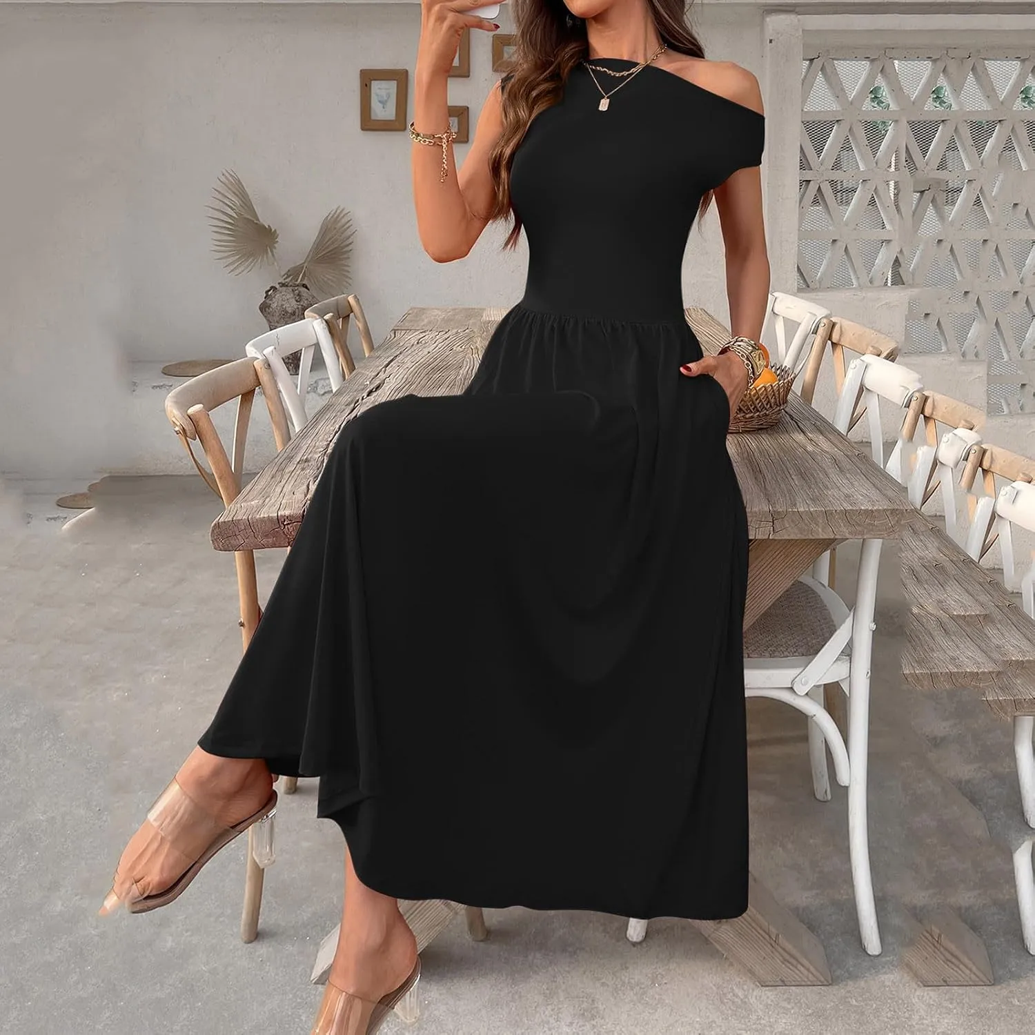Elegant One Shoulder A-Line Dress for Women Summer Slim High Waist Pleated Midi Dresses Casual Beach Vacation Dress