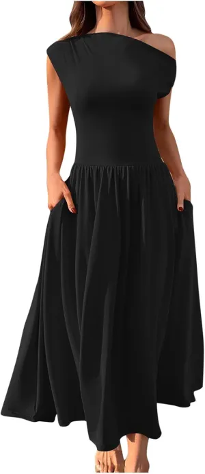 Elegant One Shoulder A-Line Dress for Women Summer Slim High Waist Pleated Midi Dresses Casual Beach Vacation Dress