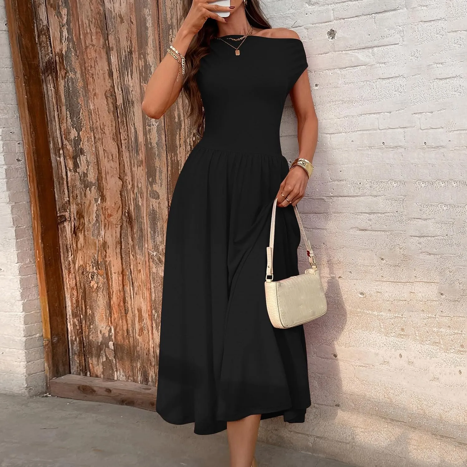 Elegant One Shoulder A-Line Dress for Women Summer Slim High Waist Pleated Midi Dresses Casual Beach Vacation Dress