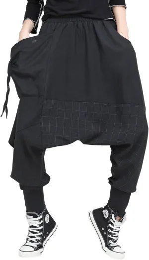 ellazhu Womens Baggy Elastic Waist Drop Crotch Harem Pants Black