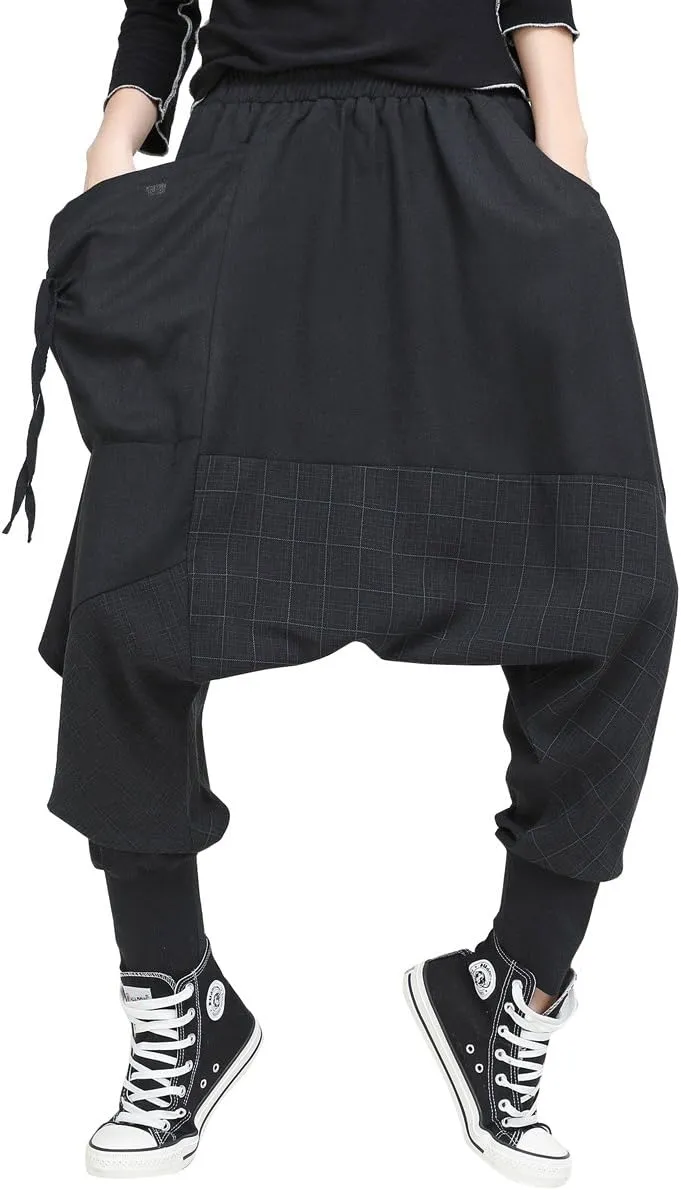 ellazhu Womens Baggy Elastic Waist Drop Crotch Harem Pants Black