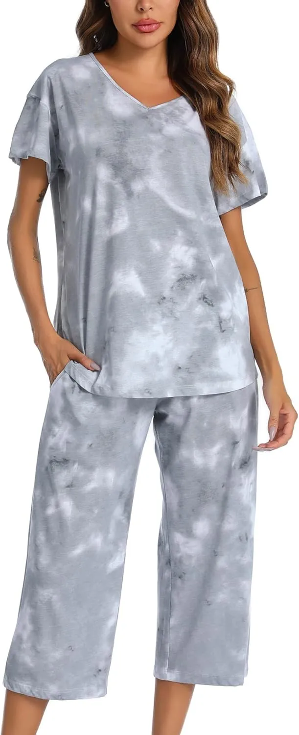 ENJOYNIGHT Women's Tie Dye Pajamas Sets Lounge Short Sleeve Top with Capri Pants Sleepwear 2 Piece Set