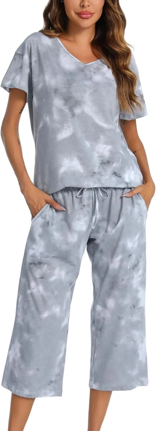 ENJOYNIGHT Women's Tie Dye Pajamas Sets Lounge Short Sleeve Top with Capri Pants Sleepwear 2 Piece Set