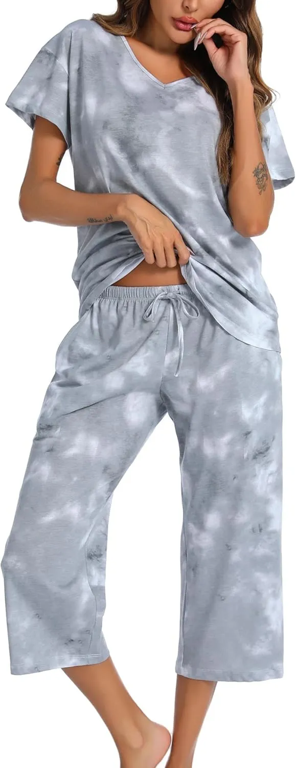 ENJOYNIGHT Women's Tie Dye Pajamas Sets Lounge Short Sleeve Top with Capri Pants Sleepwear 2 Piece Set