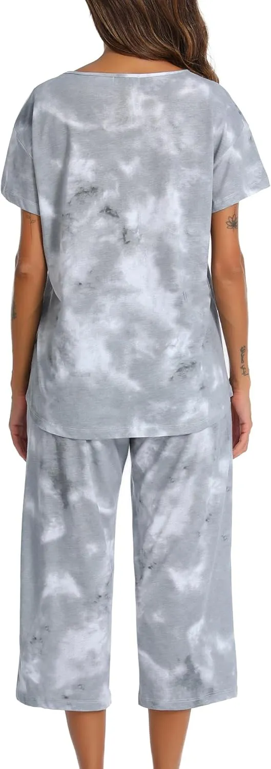ENJOYNIGHT Women's Tie Dye Pajamas Sets Lounge Short Sleeve Top with Capri Pants Sleepwear 2 Piece Set