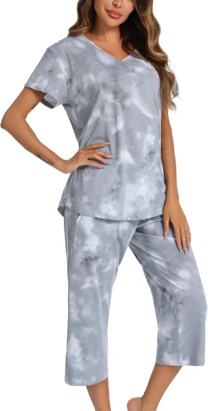 ENJOYNIGHT Women's Tie Dye Pajamas Sets Lounge Short Sleeve Top with Capri Pants Sleepwear 2 Piece Set