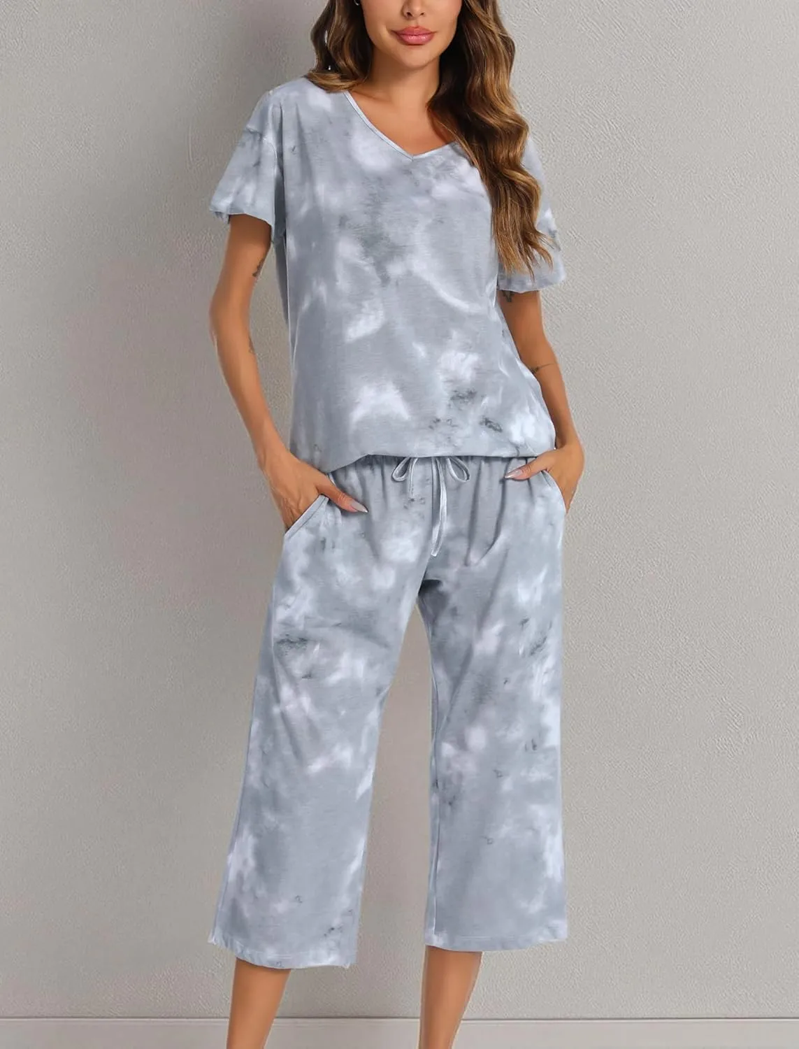 ENJOYNIGHT Women's Tie Dye Pajamas Sets Lounge Short Sleeve Top with Capri Pants Sleepwear 2 Piece Set