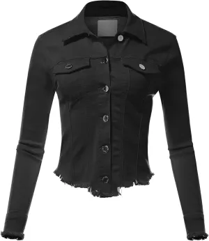 FashionMille Women's Frayed Hem Long Sleeve Button Up Color Jean Denim Jacket