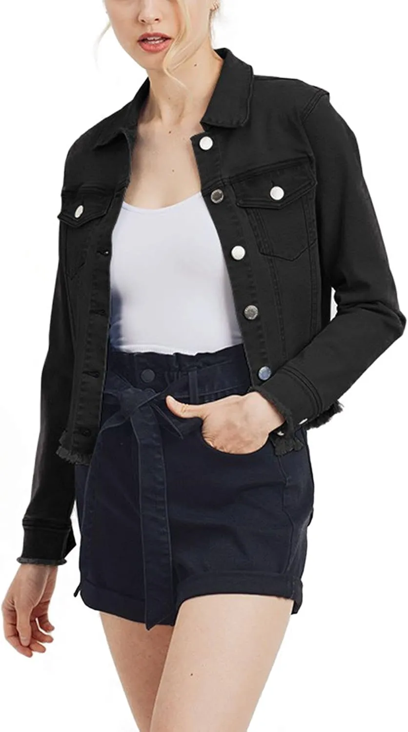 FashionMille Women's Frayed Hem Long Sleeve Button Up Color Jean Denim Jacket