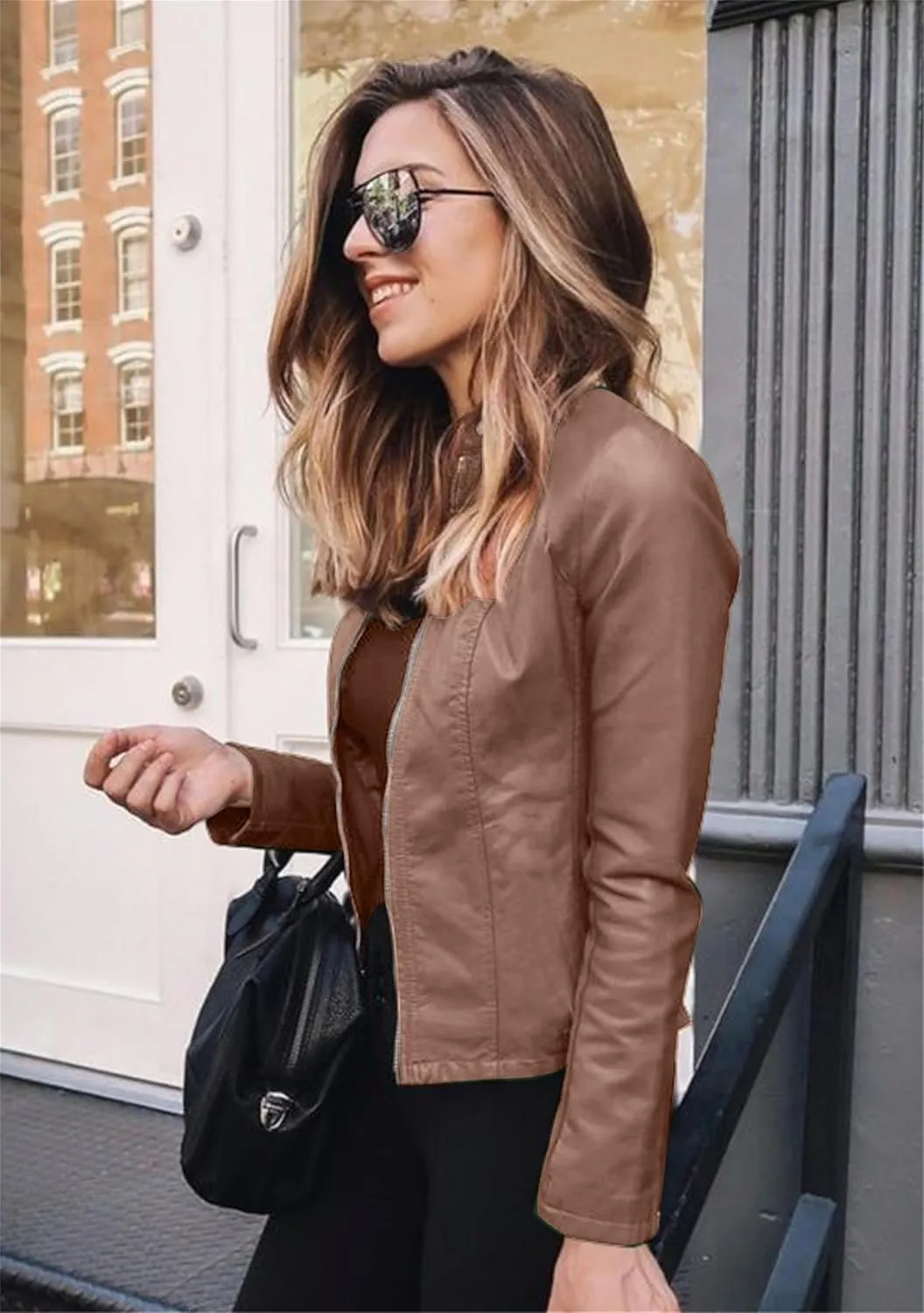 FLITAY Women's Faux Leather Autumn Jacket Long Sleeve Zip Up Coat Fashion Motorcycle Casual Jacket