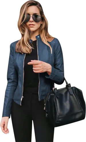 FLITAY Women's Faux Leather Autumn Jacket Long Sleeve Zip Up Coat Fashion Motorcycle Casual Jacket