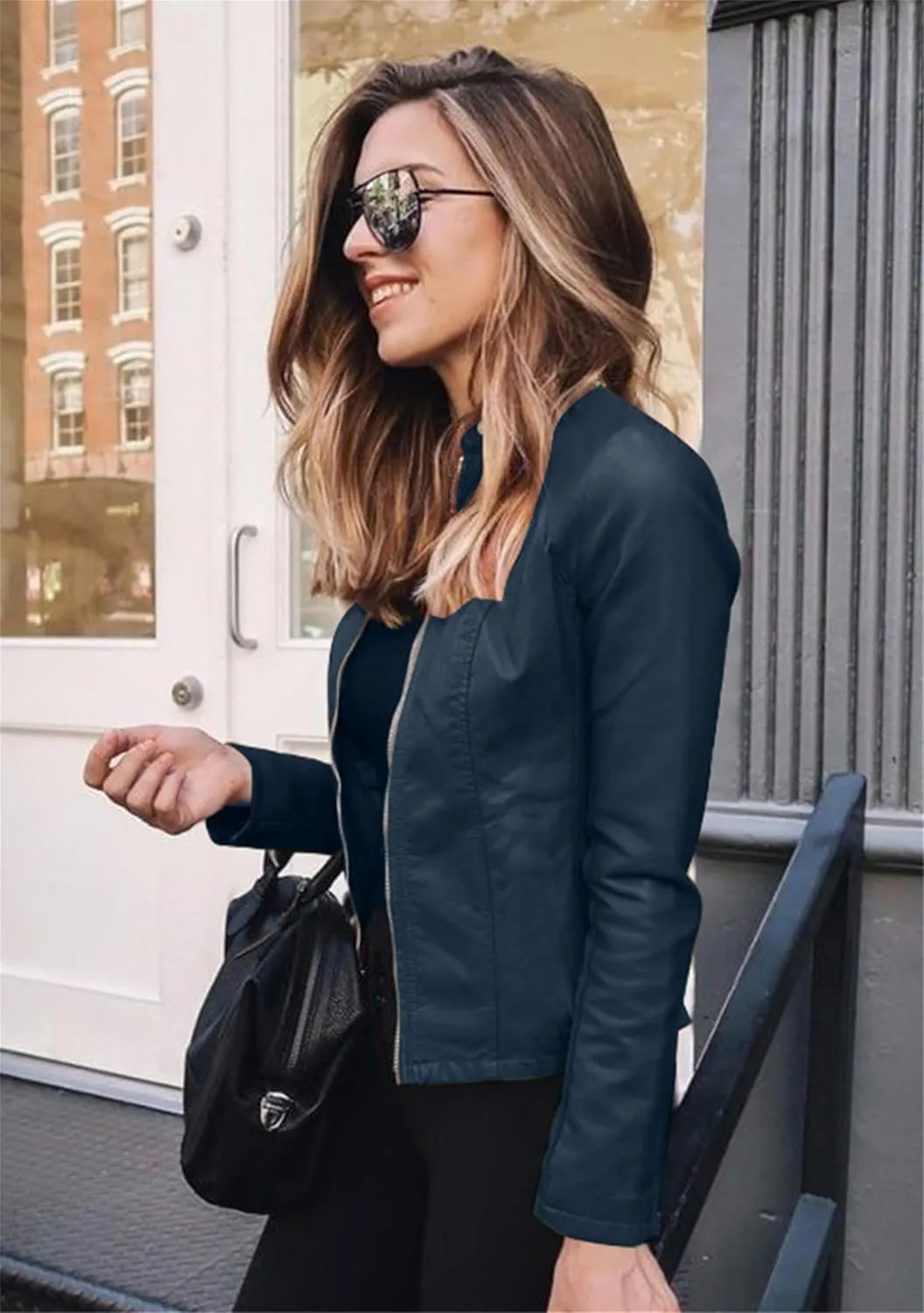 FLITAY Women's Faux Leather Autumn Jacket Long Sleeve Zip Up Coat Fashion Motorcycle Casual Jacket