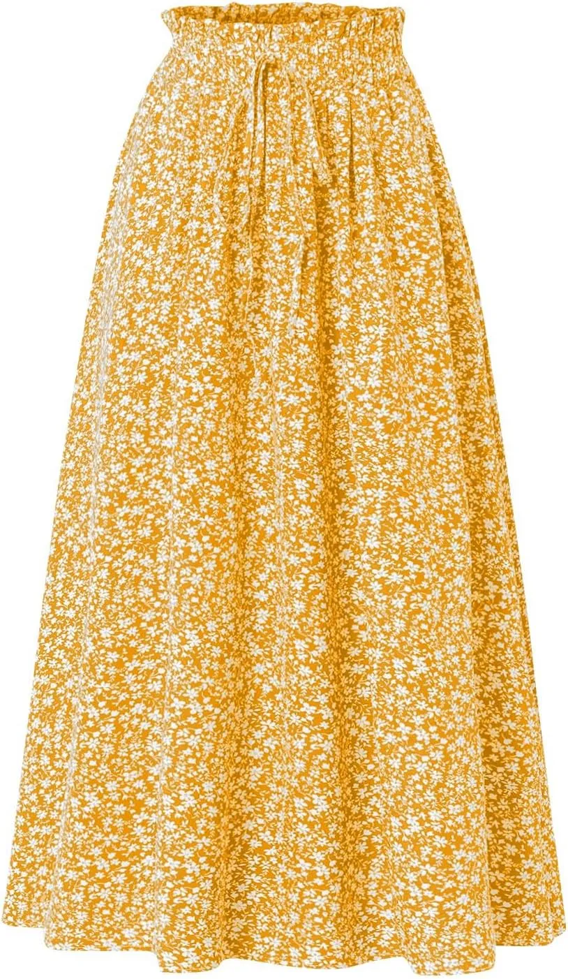 Floral Maxi Skirt for Women Summer Comfy Tiered Elastic High Waisted Skirts Vacation A-Line Flowy Swing Long Skirts