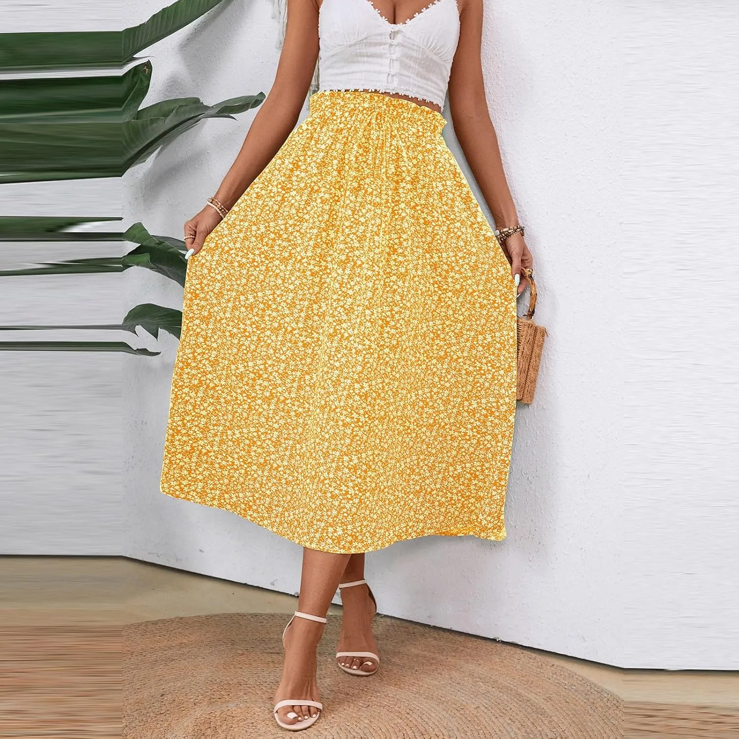 Floral Maxi Skirt for Women Summer Comfy Tiered Elastic High Waisted Skirts Vacation A-Line Flowy Swing Long Skirts
