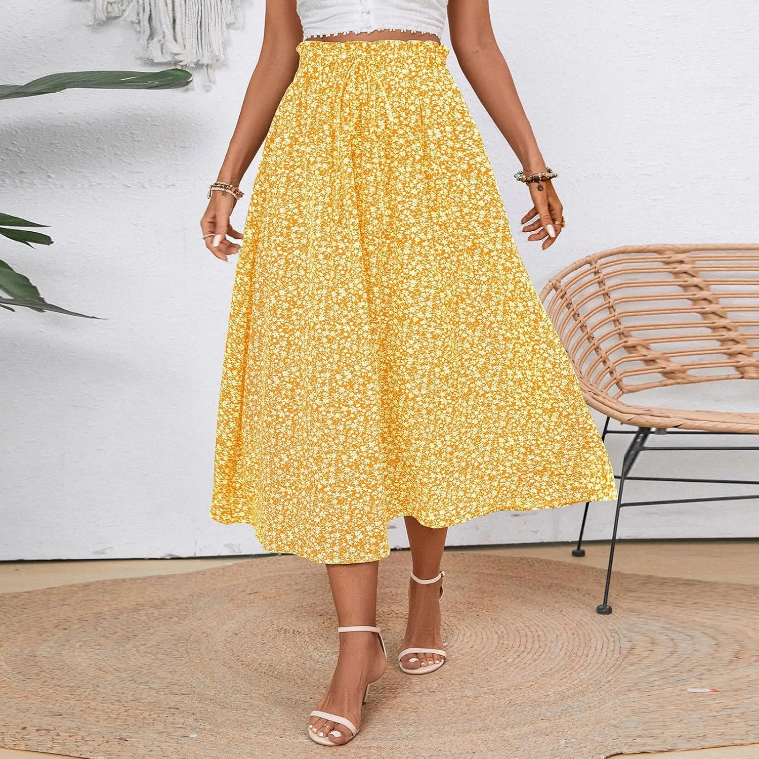 Floral Maxi Skirt for Women Summer Comfy Tiered Elastic High Waisted Skirts Vacation A-Line Flowy Swing Long Skirts