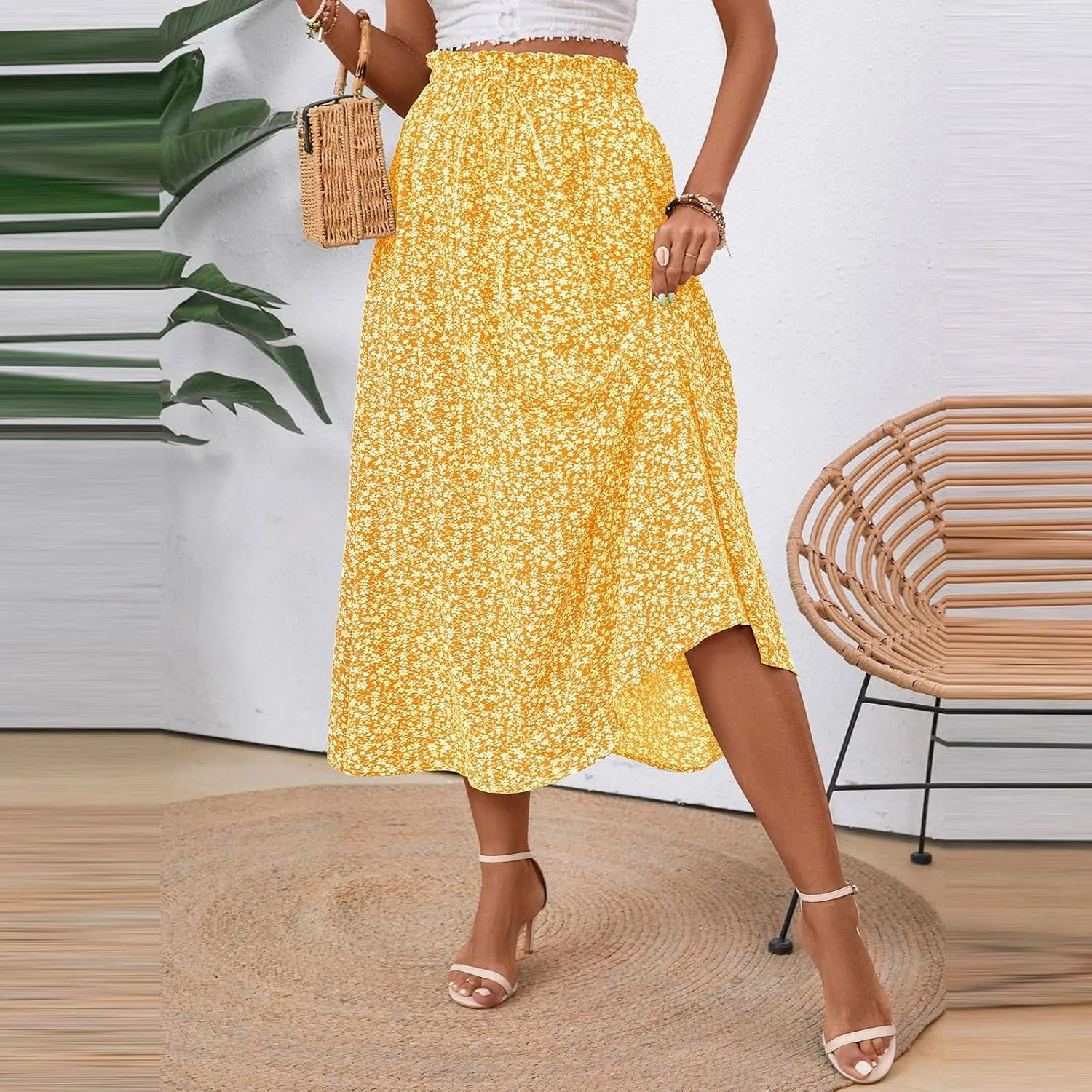 Floral Maxi Skirt for Women Summer Comfy Tiered Elastic High Waisted Skirts Vacation A-Line Flowy Swing Long Skirts