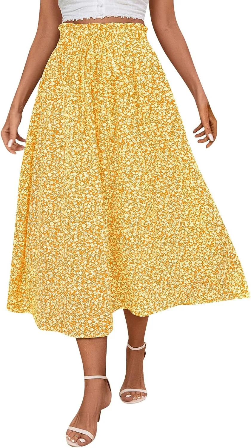 Floral Maxi Skirt for Women Summer Comfy Tiered Elastic High Waisted Skirts Vacation A-Line Flowy Swing Long Skirts
