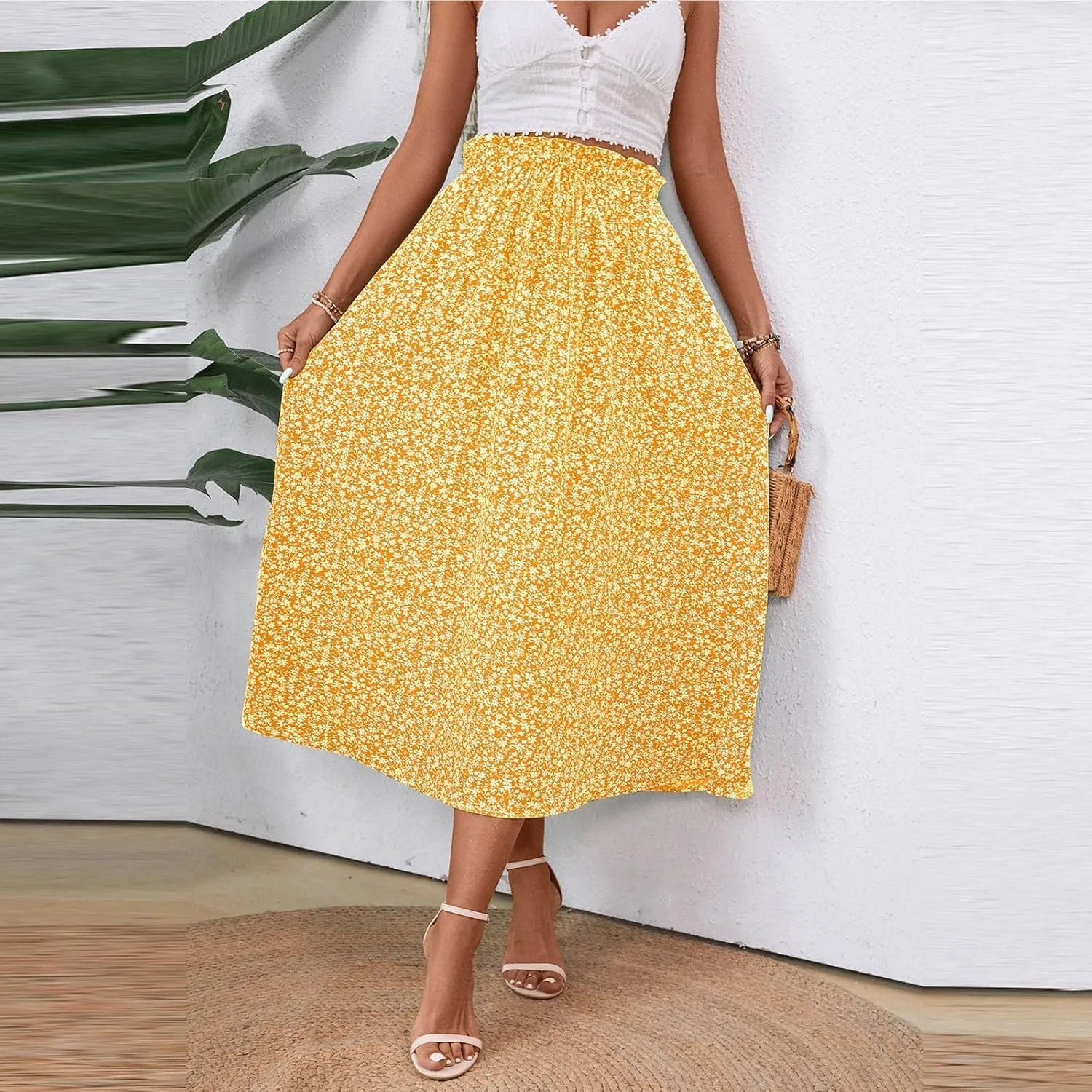 Floral Maxi Skirt for Women Summer Comfy Tiered Elastic High Waisted Skirts Vacation A-Line Flowy Swing Long Skirts