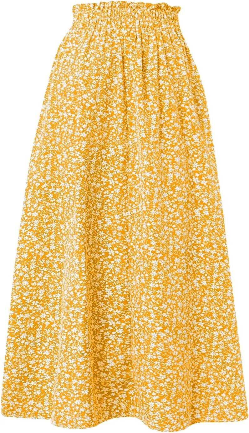 Floral Maxi Skirt for Women Summer Comfy Tiered Elastic High Waisted Skirts Vacation A-Line Flowy Swing Long Skirts