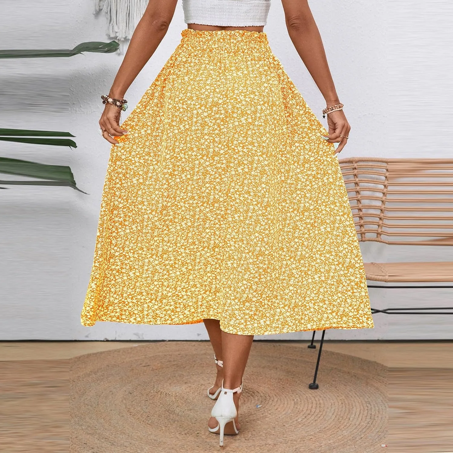 Floral Maxi Skirt for Women Summer Comfy Tiered Elastic High Waisted Skirts Vacation A-Line Flowy Swing Long Skirts