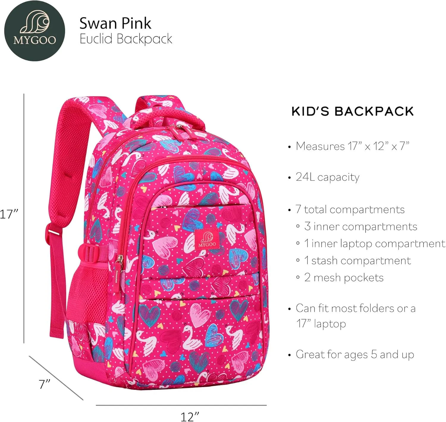 Girls Backpack - 17" Tall Educational Bag, Euclid Collection, Swan Pink, 24L Capacity for Elementary Students