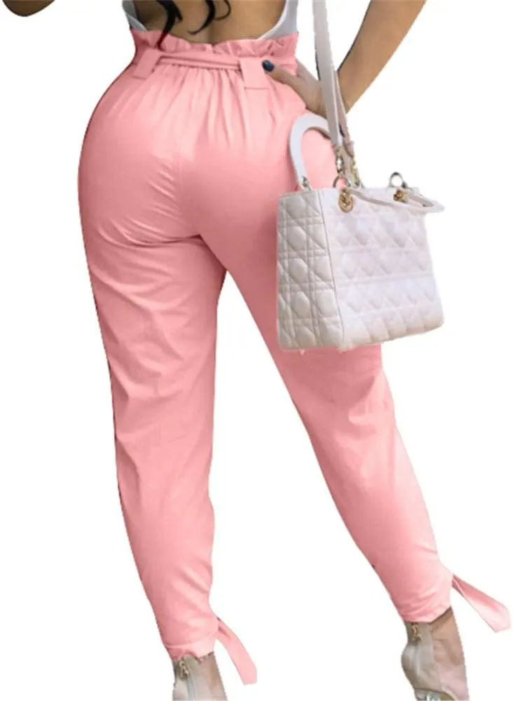 GOBLES Women Solid Casual Work Trousers High Waist Ruffle Bow Tie Pants