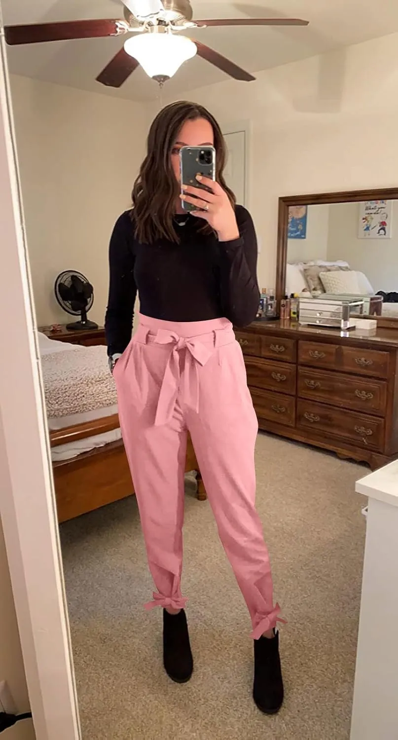 GOBLES Women Solid Casual Work Trousers High Waist Ruffle Bow Tie Pants