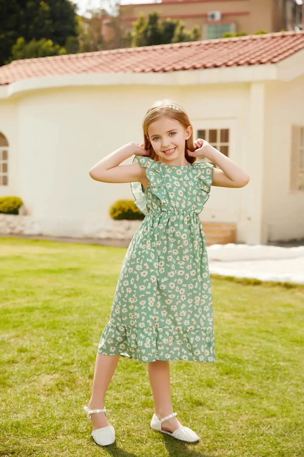 GRACE KARIN Girls Dress Ruffle Sleeve Striped Floral Spring Summer Dress for Kids 6-14Y