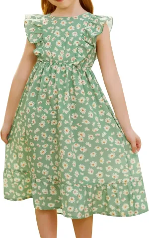 GRACE KARIN Girls Dress Ruffle Sleeve Striped Floral Spring Summer Dress for Kids 6-14Y