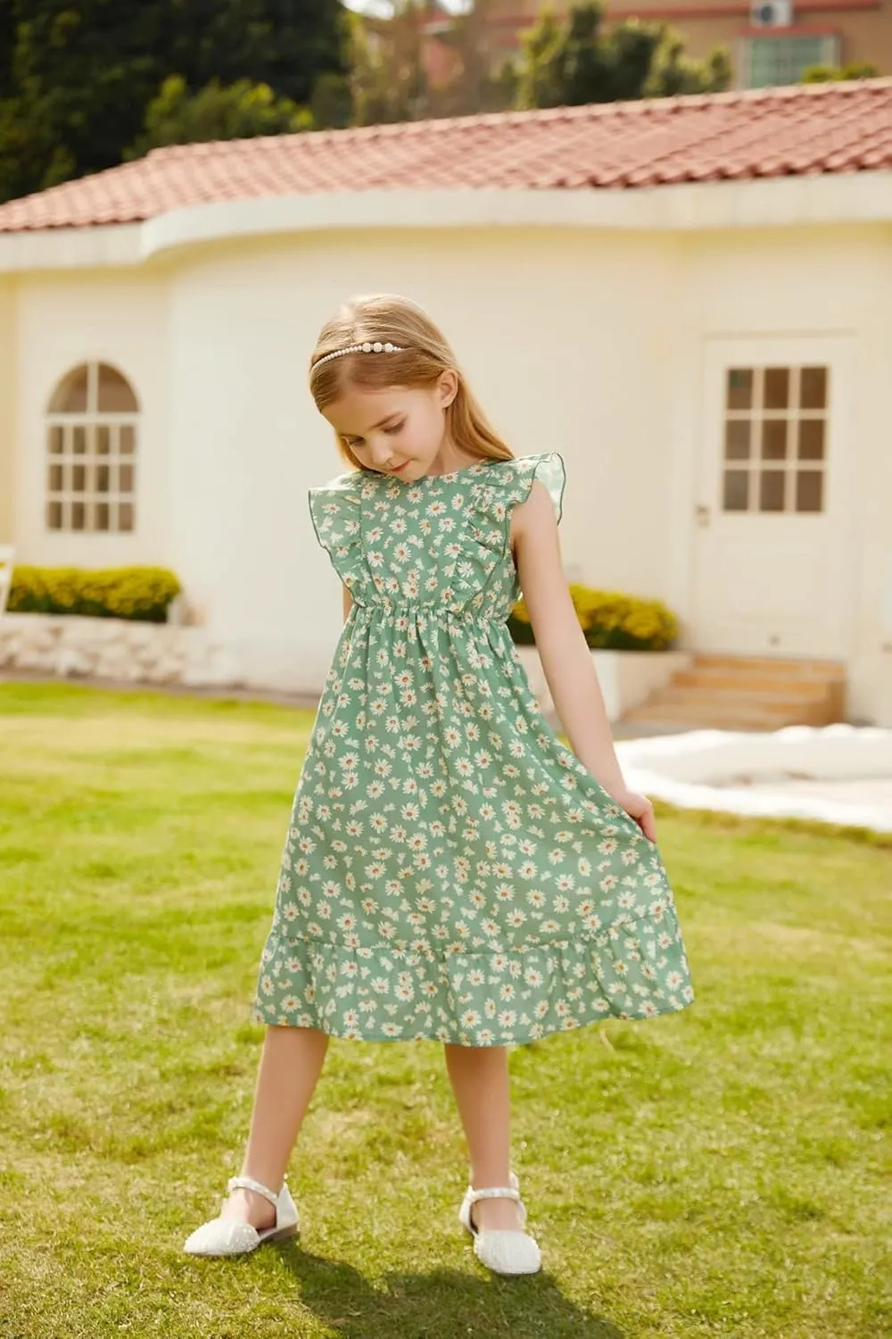 GRACE KARIN Girls Dress Ruffle Sleeve Striped Floral Spring Summer Dress for Kids 6-14Y