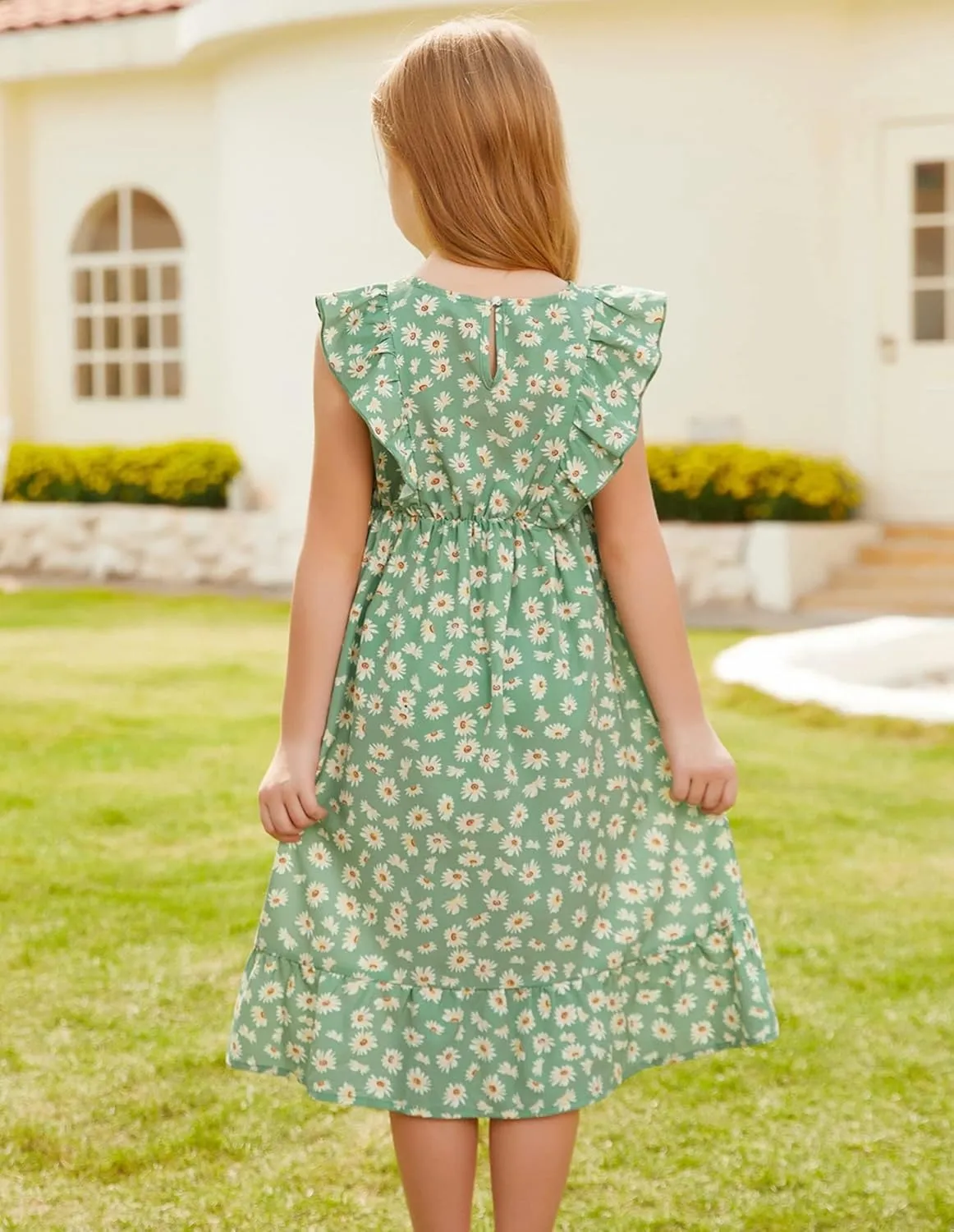GRACE KARIN Girls Dress Ruffle Sleeve Striped Floral Spring Summer Dress for Kids 6-14Y