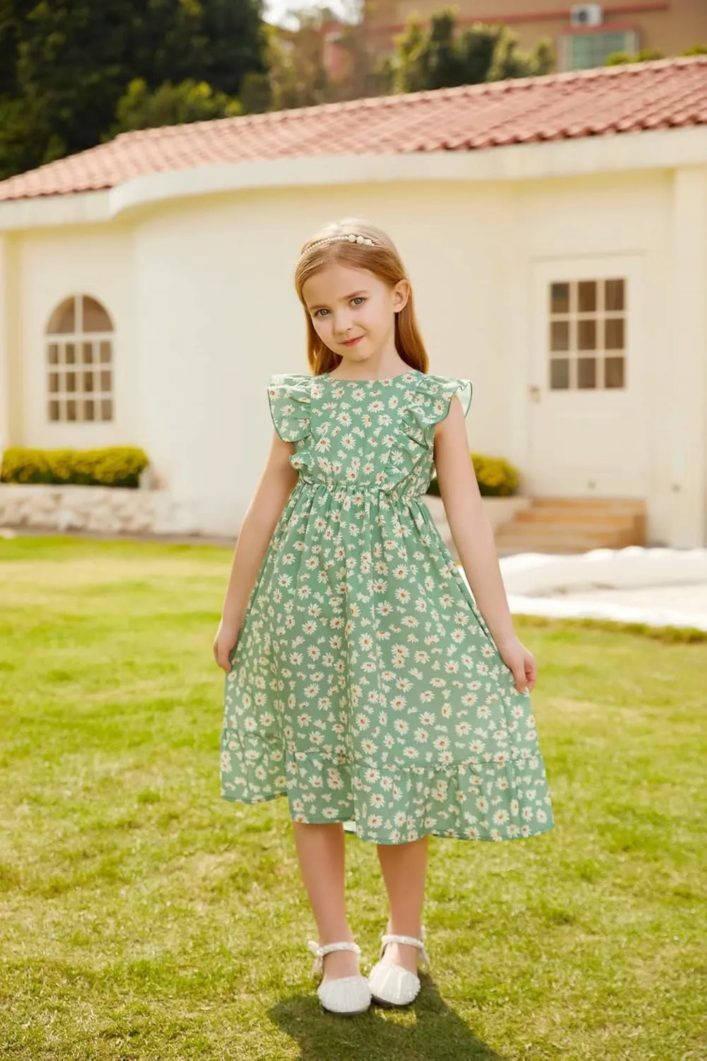 GRACE KARIN Girls Dress Ruffle Sleeve Striped Floral Spring Summer Dress for Kids 6-14Y