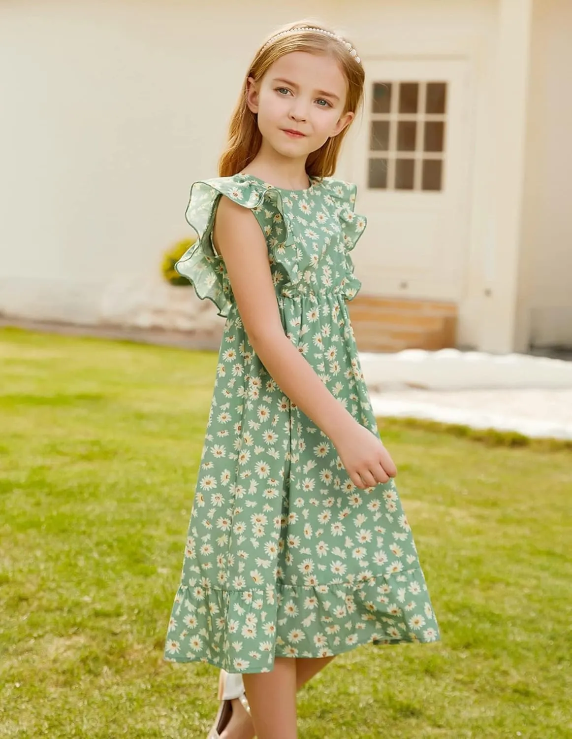 GRACE KARIN Girls Dress Ruffle Sleeve Striped Floral Spring Summer Dress for Kids 6-14Y