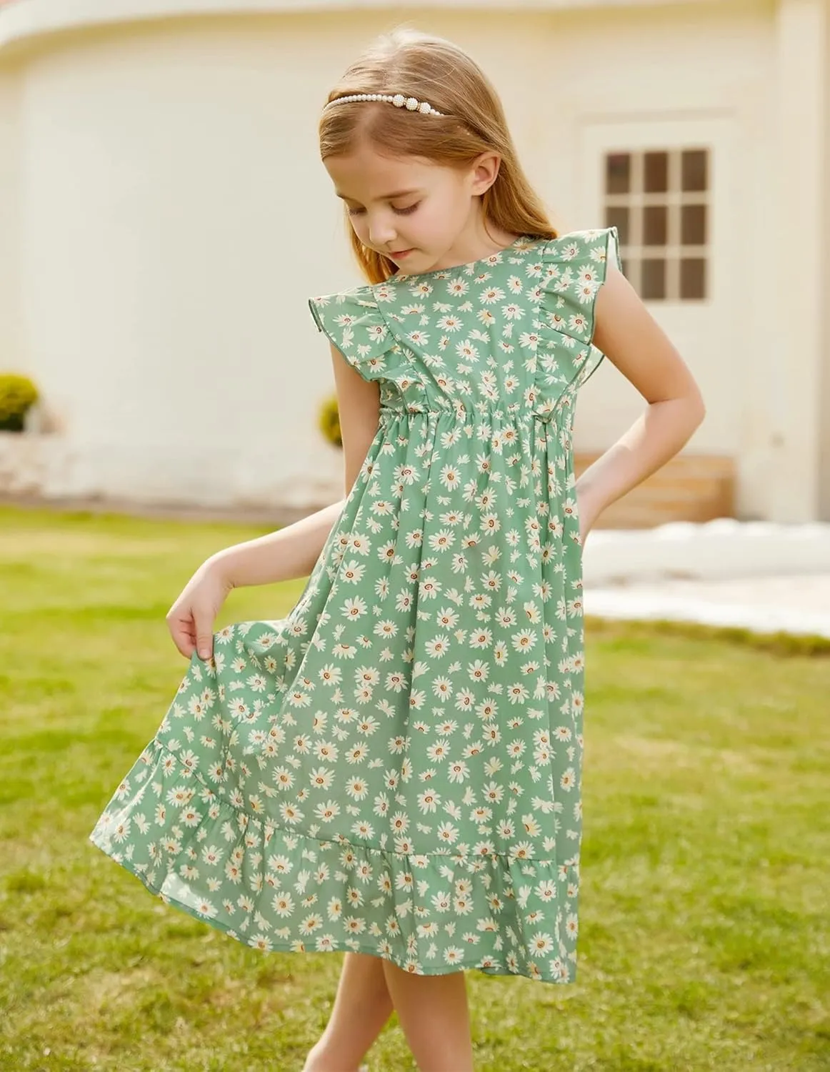 GRACE KARIN Girls Dress Ruffle Sleeve Striped Floral Spring Summer Dress for Kids 6-14Y
