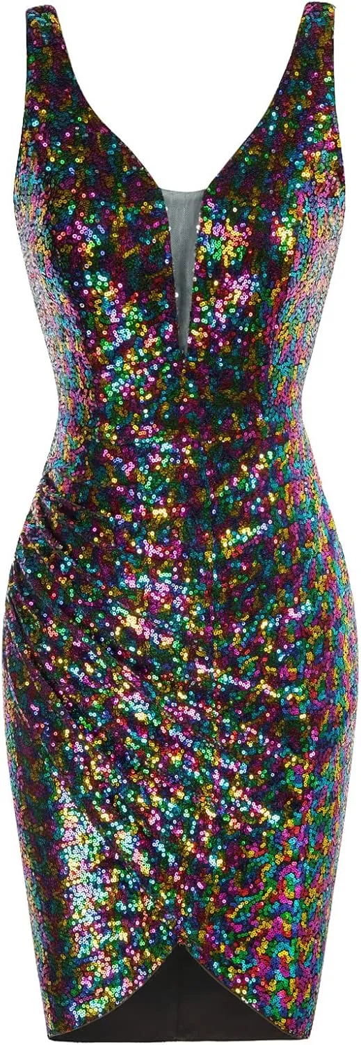 GRACE KARIN Women Deep V Neck Party Mini Dress U Back Sequin Irregular Hem Evening Dress