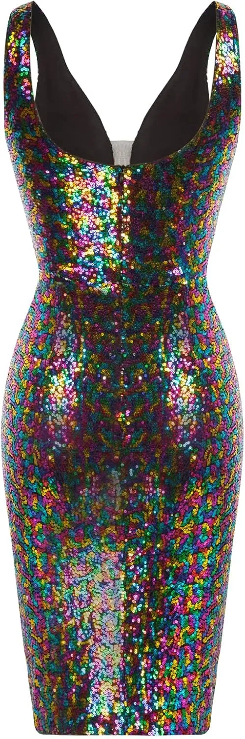 GRACE KARIN Women Deep V Neck Party Mini Dress U Back Sequin Irregular Hem Evening Dress