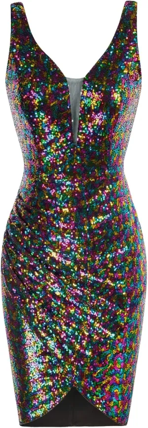 GRACE KARIN Women Deep V Neck Party Mini Dress U Back Sequin Irregular Hem Evening Dress