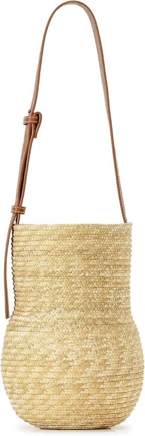 Herald Handmade Straw Woven Bucket Handbag for Women, Gourd Shaped Design Summer Beach Shoulder Purse Top Tote Bag