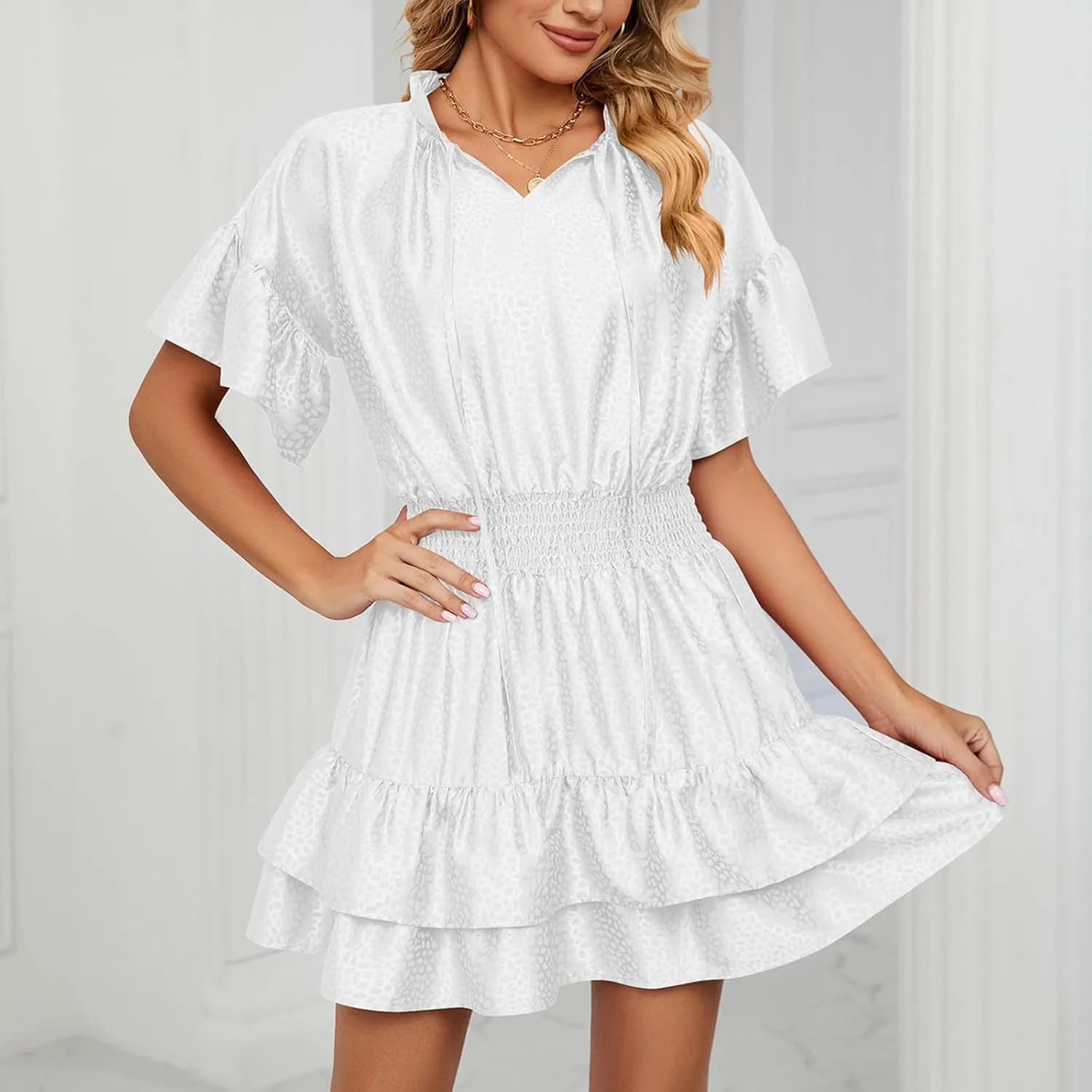 HGps8w Women Cute Summer Satin Dresses Lace-up V Neck Short Sleeve High Waist Ruffle Tiered A Line Swing Tunic Mini Dress