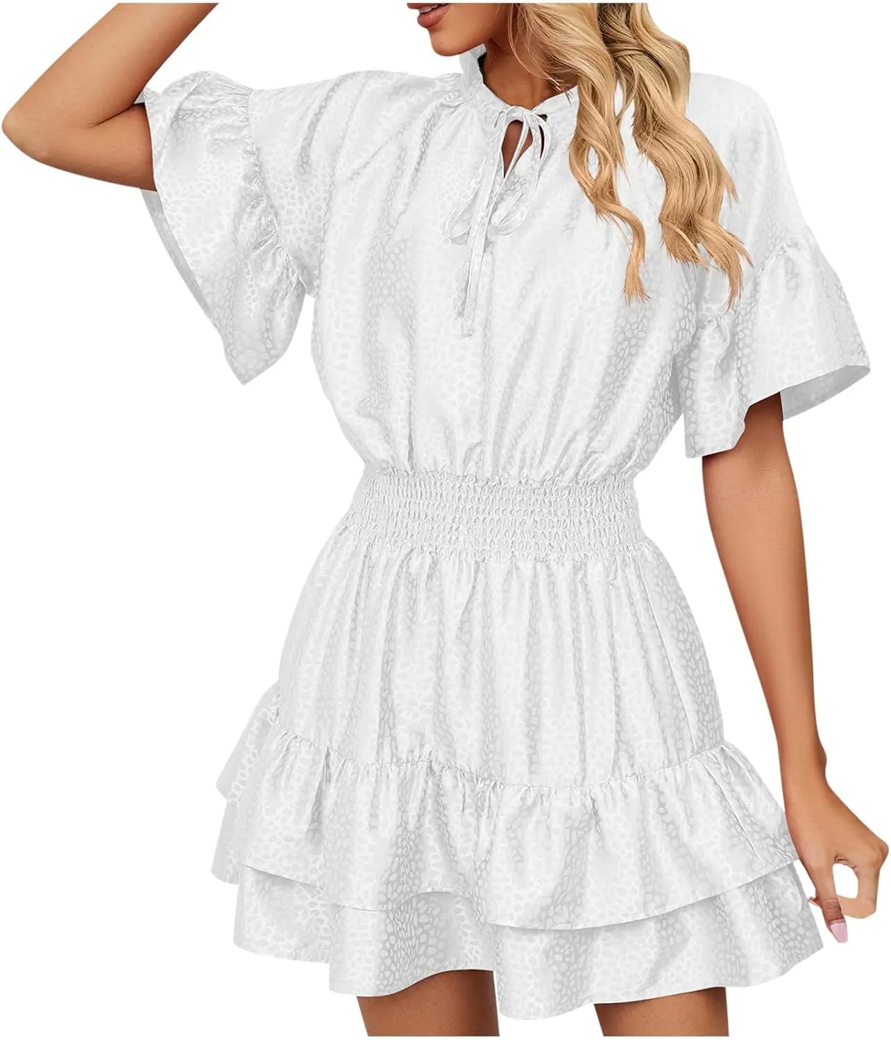 HGps8w Women Cute Summer Satin Dresses Lace-up V Neck Short Sleeve High Waist Ruffle Tiered A Line Swing Tunic Mini Dress