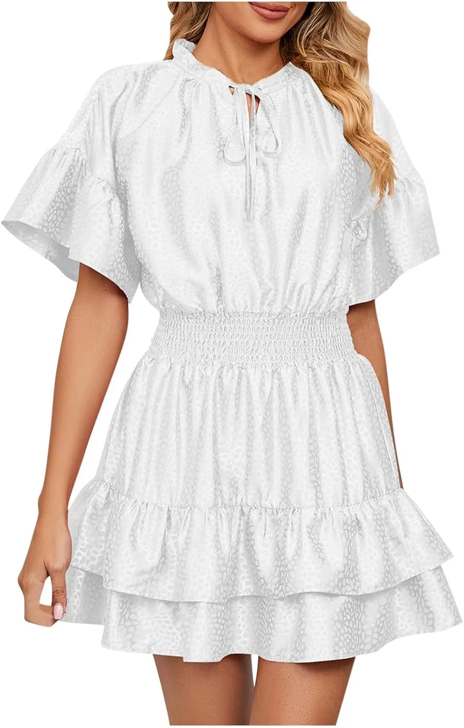 HGps8w Women Cute Summer Satin Dresses Lace-up V Neck Short Sleeve High Waist Ruffle Tiered A Line Swing Tunic Mini Dress